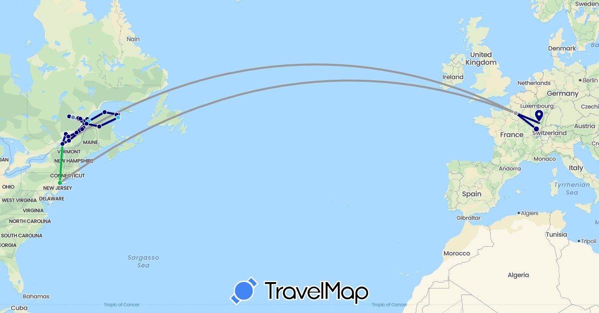 TravelMap itinerary: driving, bus, plane, cycling, boat in Canada, France, United States (Europe, North America)